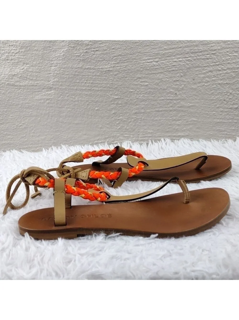 See By Chloe Tan Leather Almond Toe Thong Braided T-Strap Ankle Lace Sandal Shoe